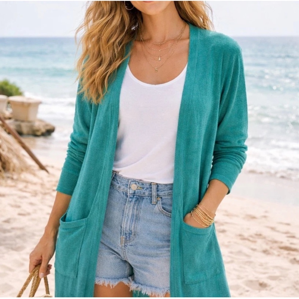 J Jill Cardigan Teal Green Blue Linen Blend Open Front Knit Duster Pockets Sm P